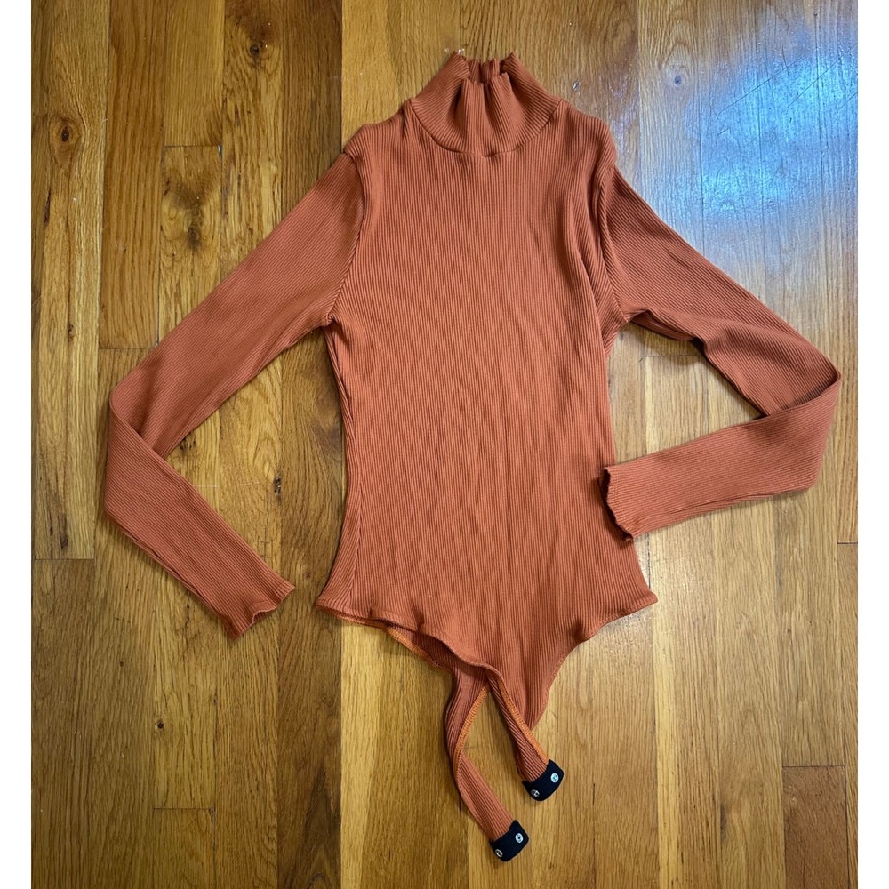 Lulus Rust Burnt Orange Ribbed Mock Neck Long Sleeve Bodysuit Large